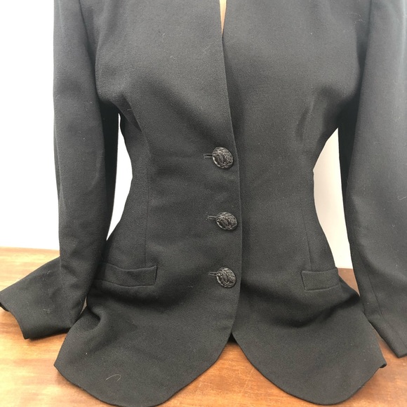 80’s does 40s Vintage Wasp Waist Black Blazer Jacket 100% Wool - Picture 2 of 15